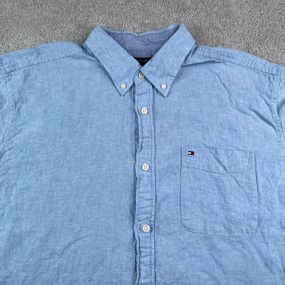 Tommy Hilfiger Shirt Mens XL Extra Large Blue Linen Blend Short Sleeve Button Up